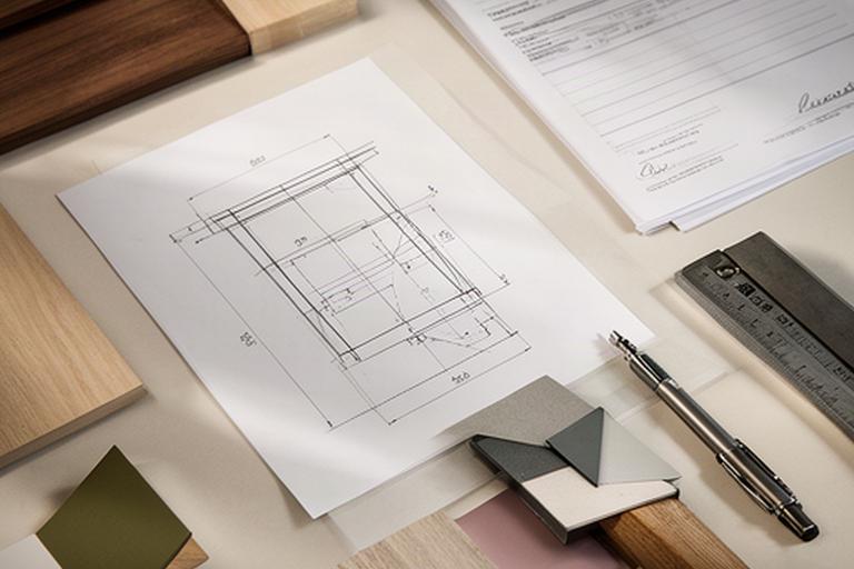 Disegno quotato di una credenza accanto a un ordine firmato nel reparto progettazione