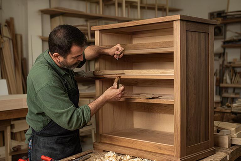 Artigiano al lavoro su un mobile contenitore in legno nel laboratorio piemontese