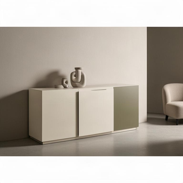 Credenza in laccato opaco color chiaro con maniglie discrete