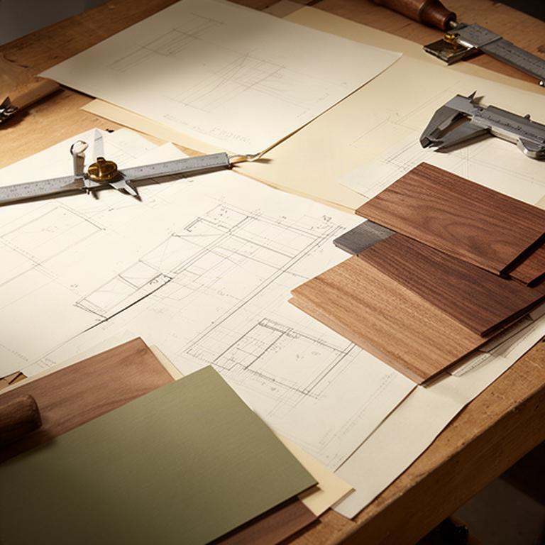 Disegni tecnici e campioni di legno su un banco da progettazione