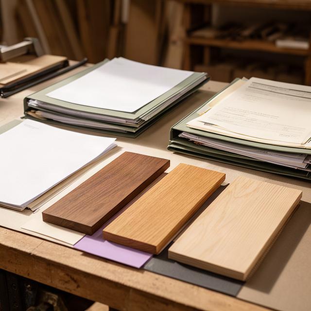 Documenti di fornitura archiviati accanto a campioni di legno italiano
