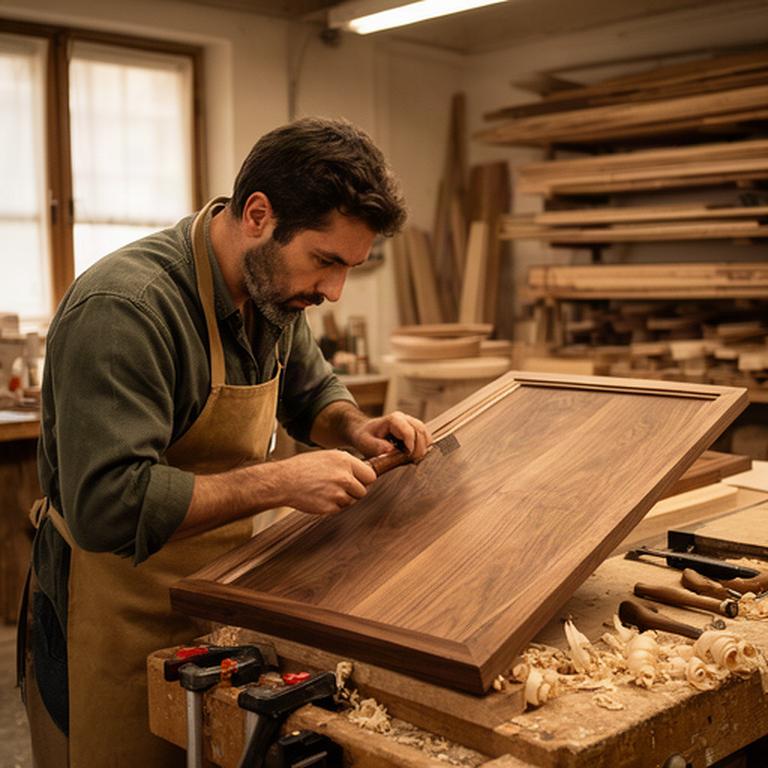 Falegname al lavoro su un pannello di noce nella bottega artigiana