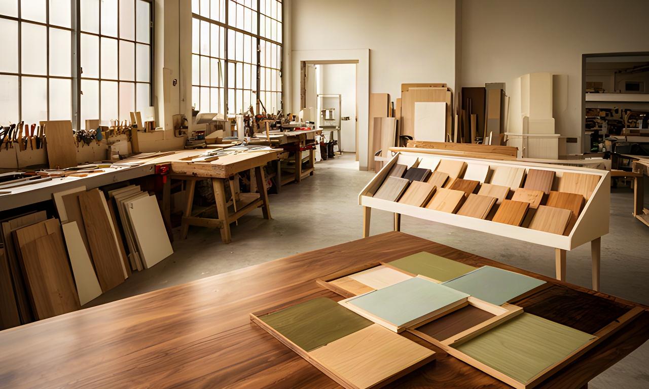 Laboratorio italiano di mobili con tavolo in legno e campioni di finitura a Caselle Torinese