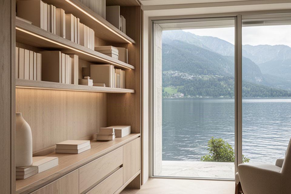 Biblioteca su misura in una villa sul lago con ripiani in rovere davanti a grandi finestre