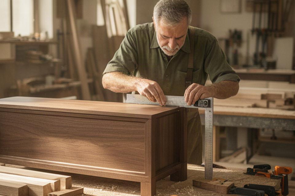 Artigiano che verifica l'assemblaggio di un mobile in legno nella falegnameria