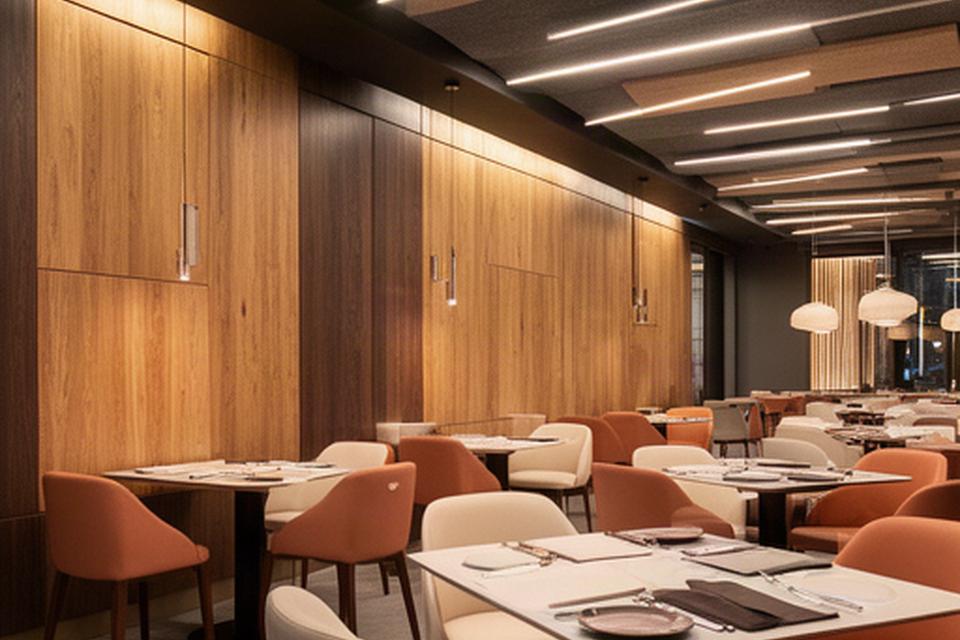 Sala di ristorante con boiserie in legno, pannelli fonoassorbenti e lampade integrate