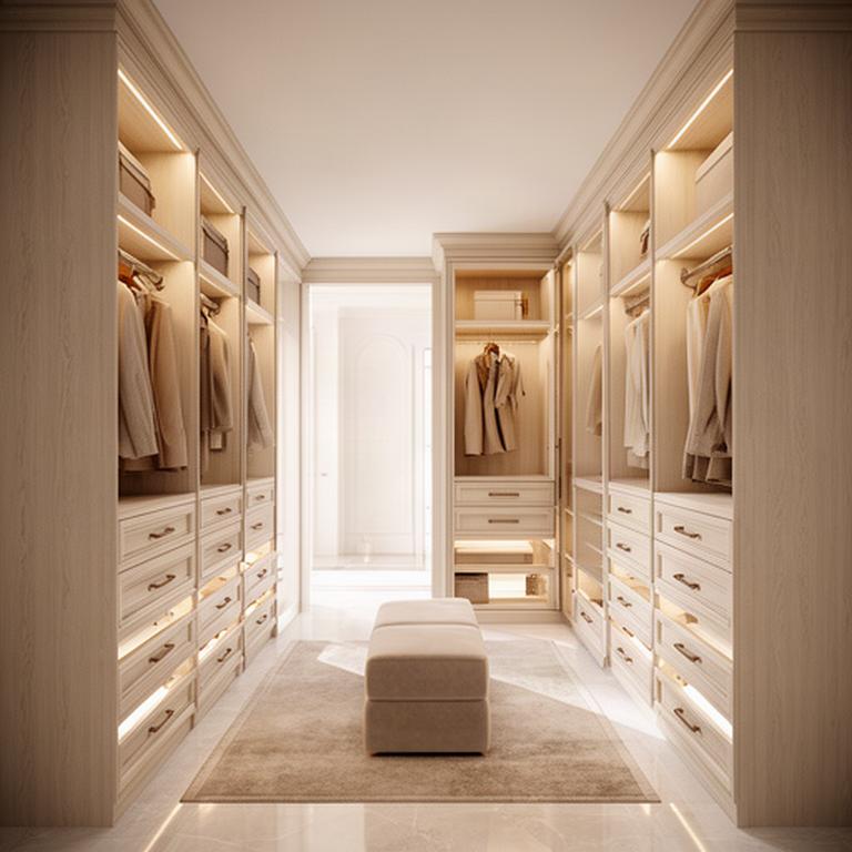 Cabina armadio su misura in una villa con rovere chiaro e cassetti illuminati