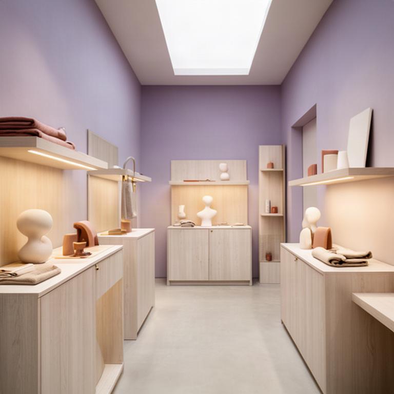 Interno di boutique con espositori in frassino e pareti color lavanda