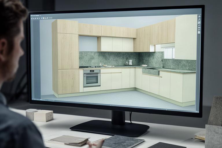 Progetto tridimensionale di una cucina su misura visualizzato su uno schermo