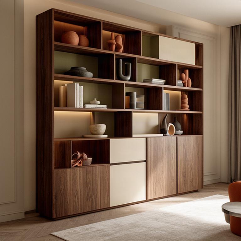 Libreria modulare in noce con vani aperti e ante coordinate
