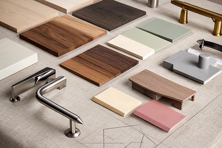 Campioni di legno, impiallacciature e maniglie disposti su un banco di progettazione