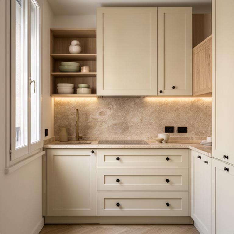 Cucina su misura in un appartamento di Torino con ante color crema e piano in pietra