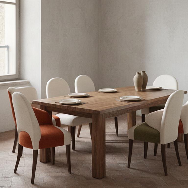 Tavolo da pranzo in legno massello con sedie imbottite in una sala italiana