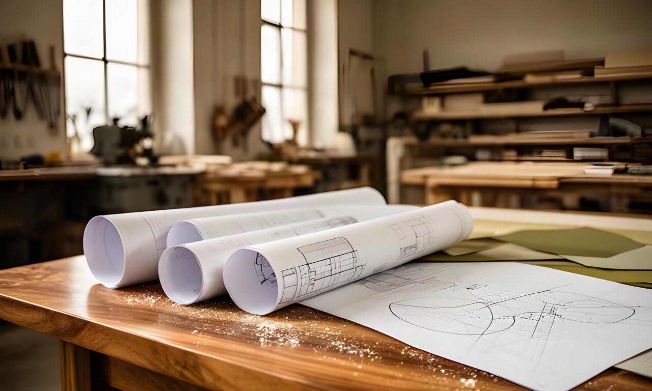 Dettaglio di un tavolo italiano in legno massello accanto a disegni tecnici in un laboratorio luminoso