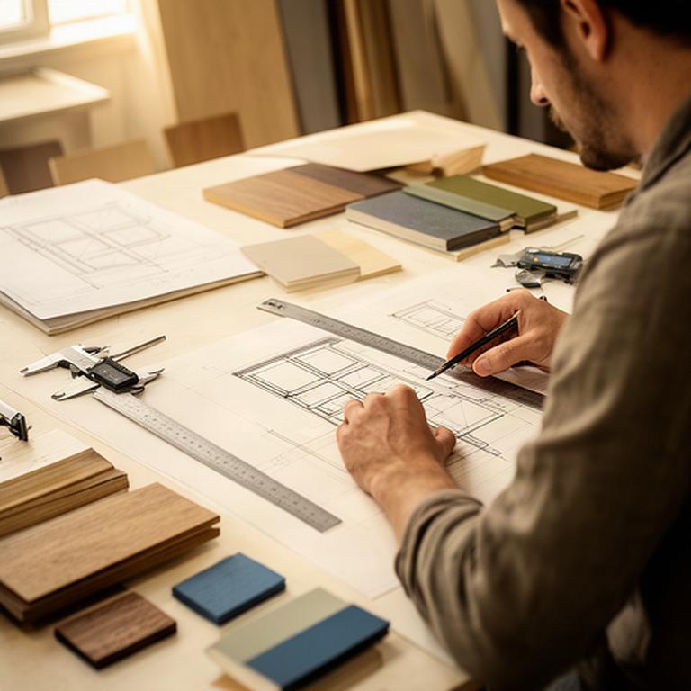Progettista al tavolo con disegni tecnici per un mobile su misura