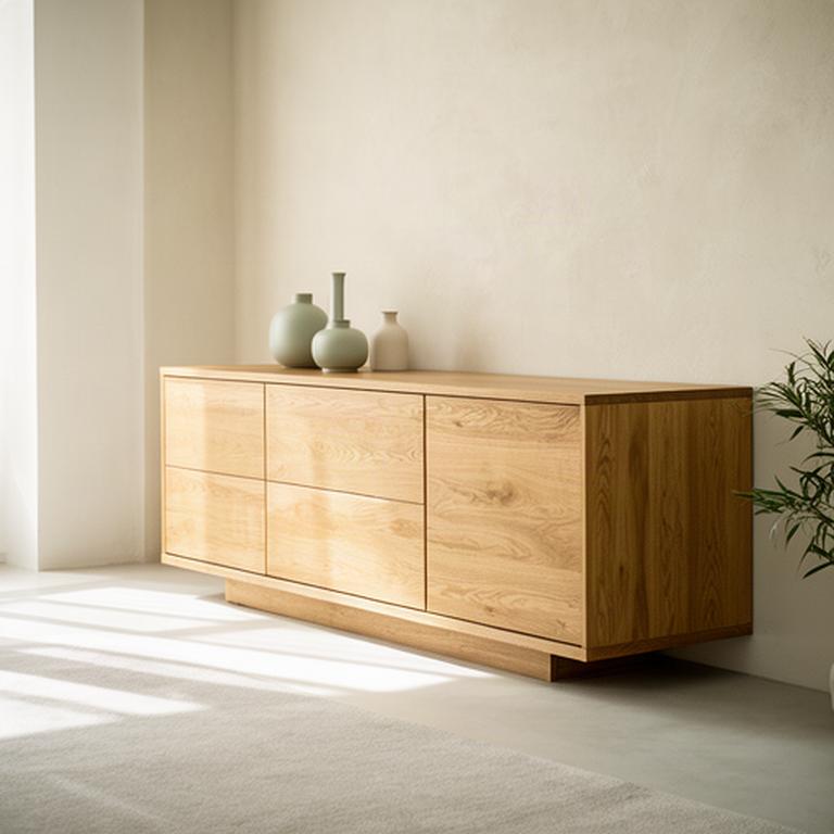 Madia in rovere naturale esposta in un soggiorno luminoso