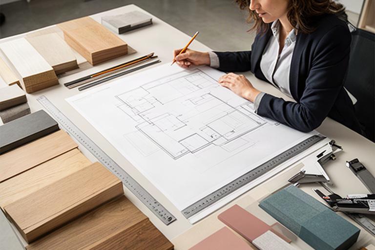Architetta che esamina una planimetria d'interni con campioni di legno su un tavolo
